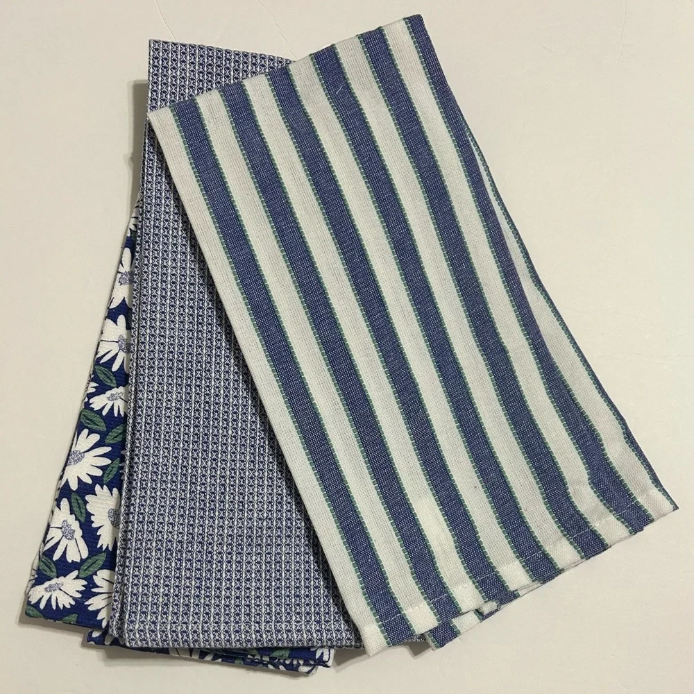 NEW Hobby Lobby Blue Floral & Stripe Kitchen Dish Towels Cotton 15”X25” Set of 3
